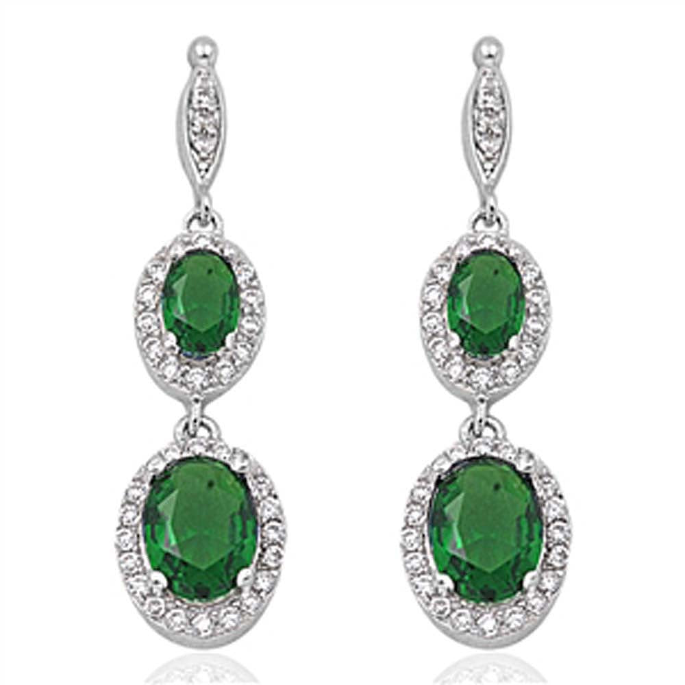 Sterling Silver Emerald Double Oval Drop Dangle Shaped CZ EarringsAnd Face Height 35 mm
