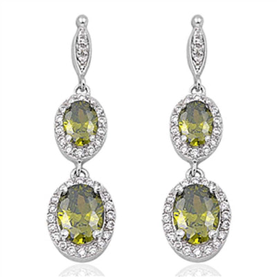 Sterling Silver Peridot Double Oval Drop Dangle Shaped CZ EarringsAnd Face Height 35 mm