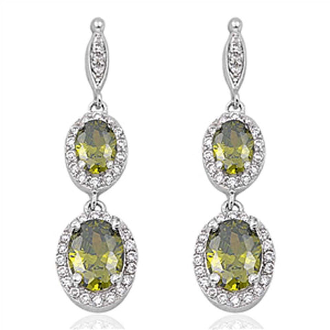 Sterling Silver Peridot Double Oval Drop Dangle Shaped CZ EarringsAnd Face Height 35 mm