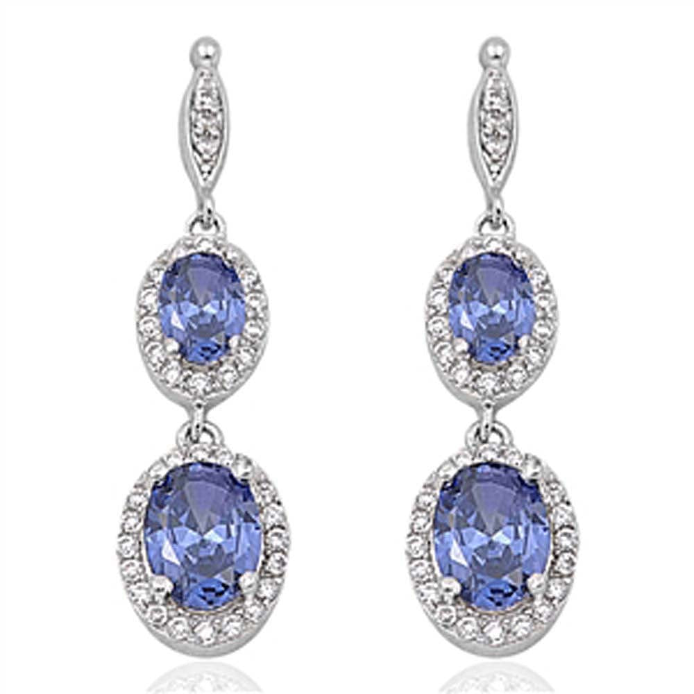 Sterling Silver Tanzanite Double Oval Drop Dangle Shaped CZ EarringsAnd Face Height 35 mm