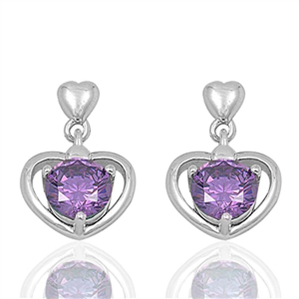 Sterling Silver Heart And Amethyst Round Shaped CZ EarringsAnd Face Height 17 mm