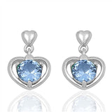 Sterling Silver Heart And Aquamarine Round Shaped CZ EarringsAnd Face Height 17 mm