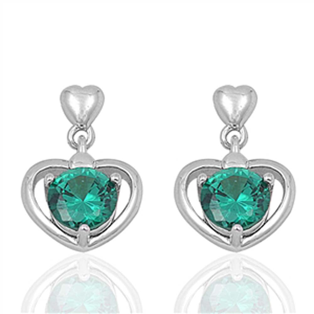 Sterling Silver Heart And Emerald Round Shaped CZ EarringsAnd Face Height 17 mm