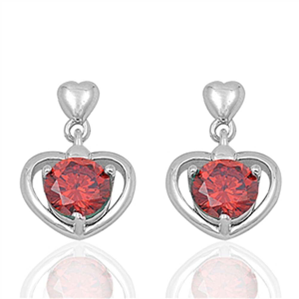 Sterling Silver Heart And Garnet Round Shaped CZ EarringsAnd Face Height 17 mm