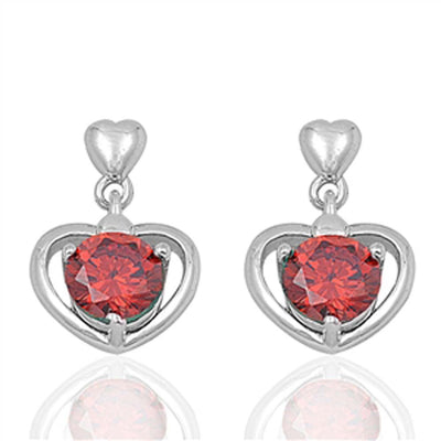 Sterling Silver Heart And Garnet Round Shaped CZ EarringsAnd Face Height 17 mm