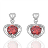 Sterling Silver Heart And Garnet Round Shaped CZ EarringsAnd Face Height 17 mm