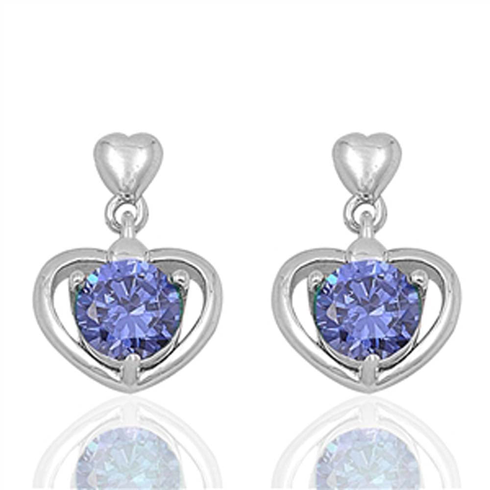 Sterling Silver Heart And Tanzanite Round Shaped CZ EarringsAnd Face Height 17 mm