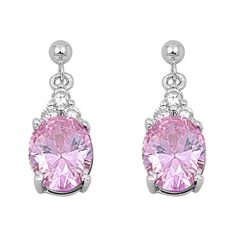 Sterling Silver Pink Drop Oval Shaped CZ EarringsAnd Face Height 21 mm