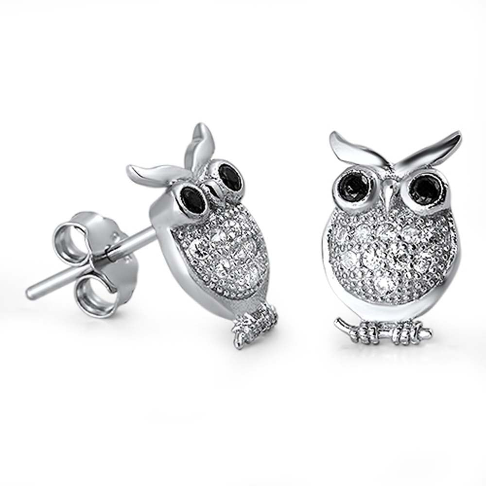 Sterling Silver Owl Shaped Black And CZ EarringsAnd Face Height 11 mm