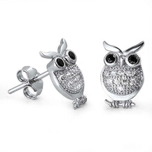 Load image into Gallery viewer, Sterling Silver Owl Shaped Black And CZ EarringsAnd Face Height 11 mm