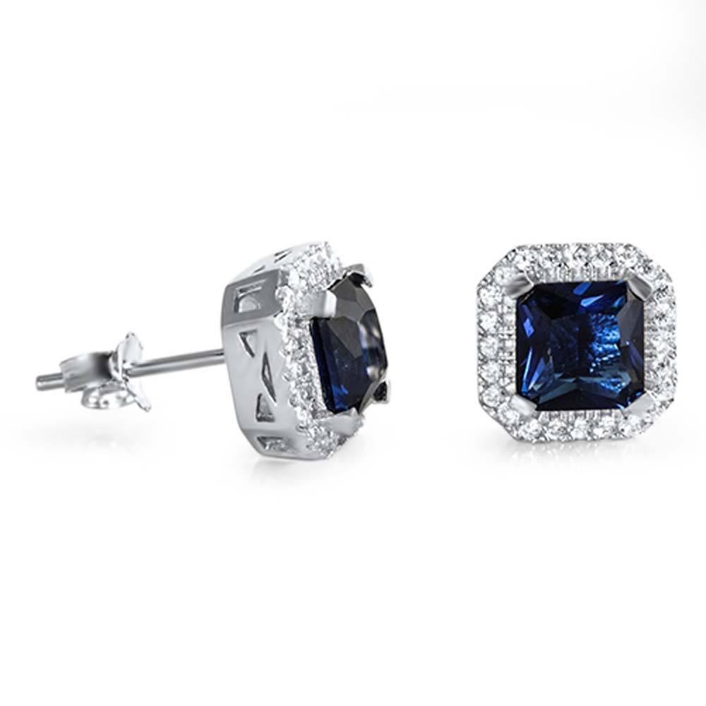 Sterling Silver Blue Sapphire Square Shaped CZ Earrings, Face Height 10 mm