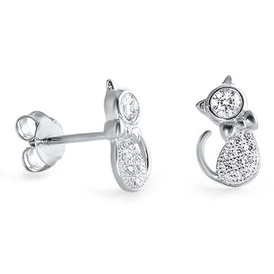 Sterling Silver Cat Shaped CZ Earrings and Face Height 11 mm