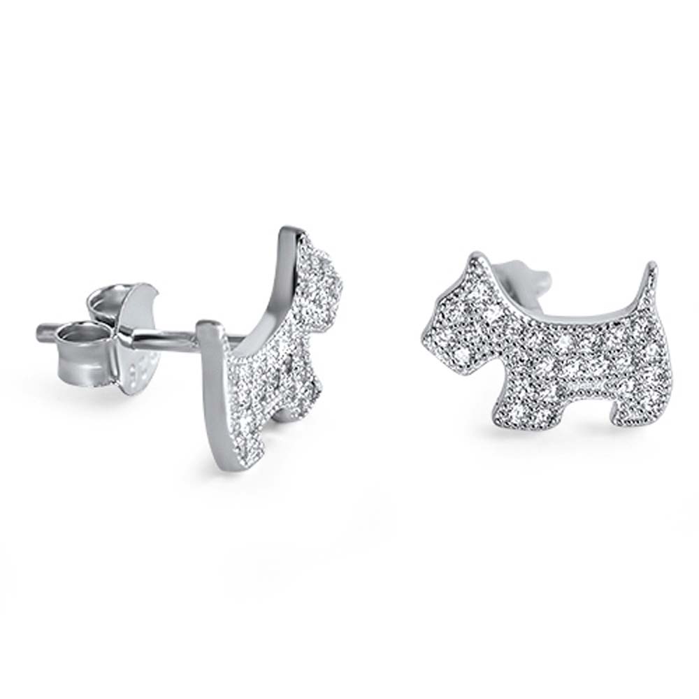 Sterling Silver Clear Cz Dog Push-back Stud Earrings with Earring Face Height of 8MM