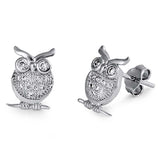 Sterling Silver Clear Cz Owl Push-back Stud Earrings with Earring Face Height of 11MM