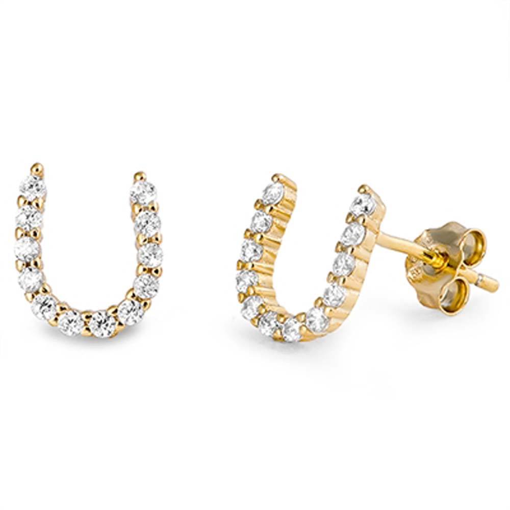 Sterling Silver Yellow Gold Plated Clear Cz Horseshoe Push-back Stud Earrings with Earring Face Height of 9MM