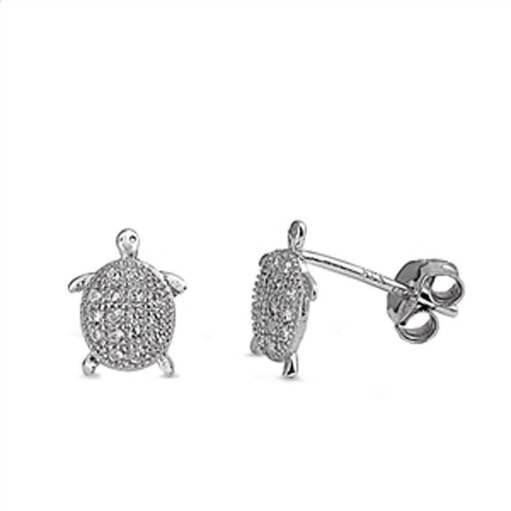 Sterling Silver Clear Cz Turtle Stud Earrings with Earring Face Height of 9MM