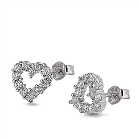 Sterling Silver Clear Cz Open Heart Stud Earrings with Earring Face Height of 9MM