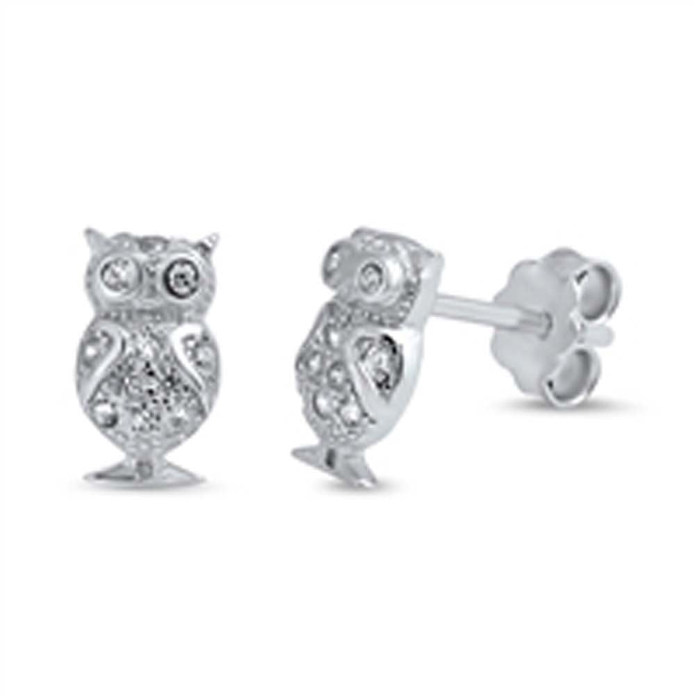 Sterling Silver Owl  Shaped CZ EarringsAnd Face Height 8 mm