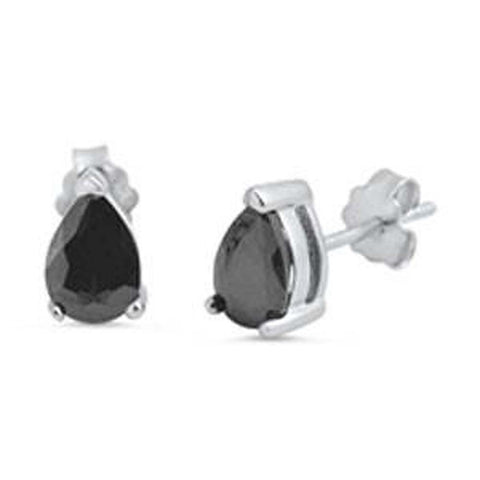 Sterling Silver Black Teardrop Shaped CZ EarringsAnd Face Height 8 mm