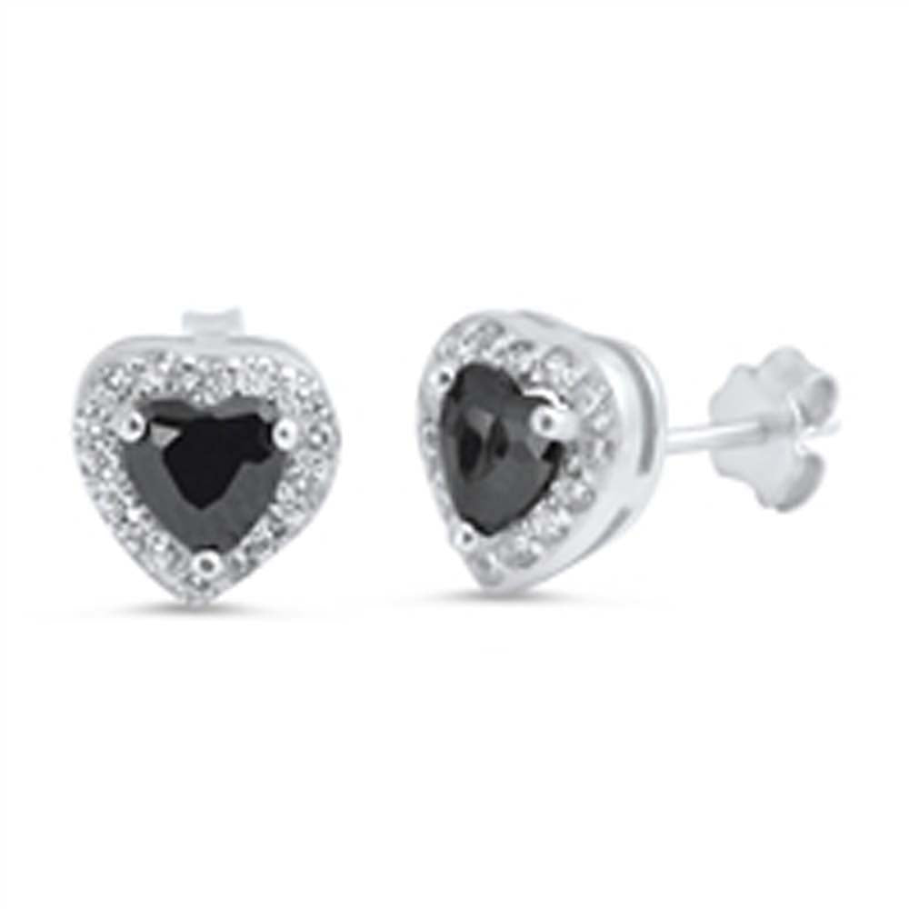 Sterling Silver Heart Shape With Black And CZ EarringsAnd Face Height 8 mm