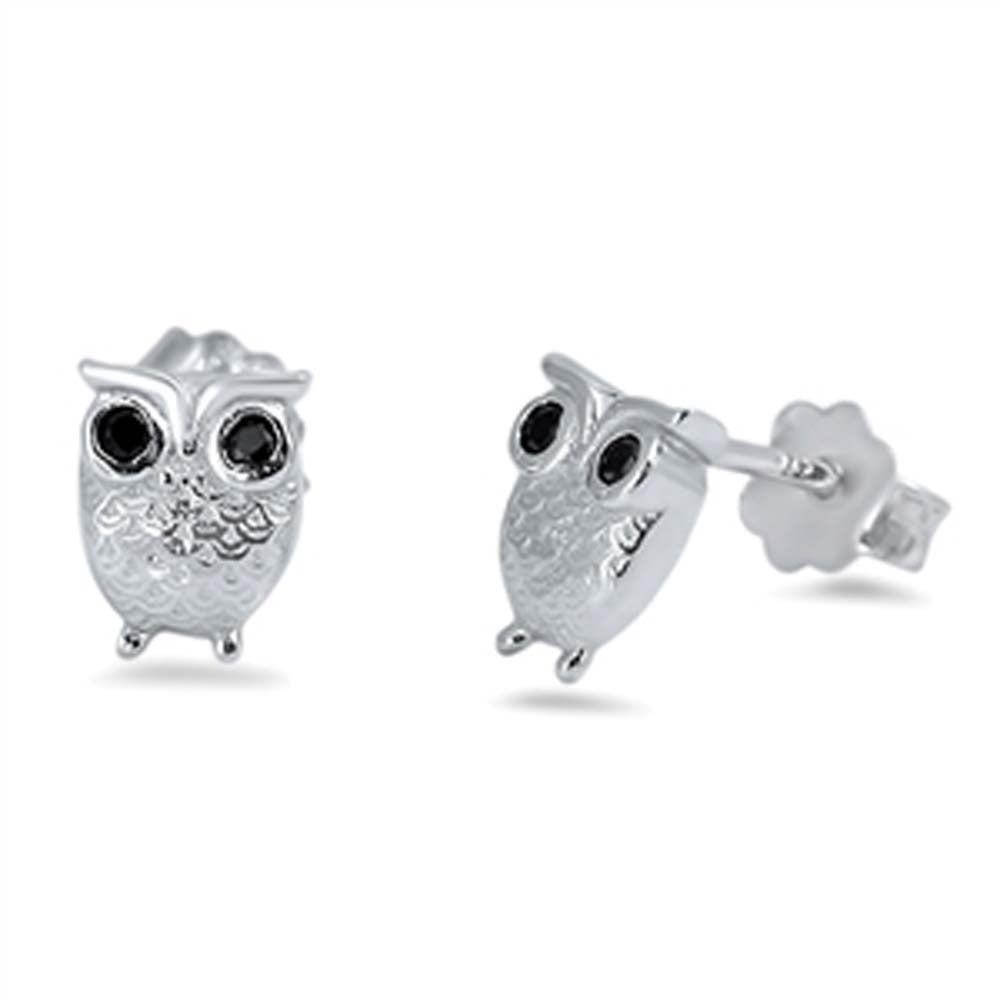 Sterling Silver Owl Shape Black And CZ EarringsAnd Face Height 6 mm