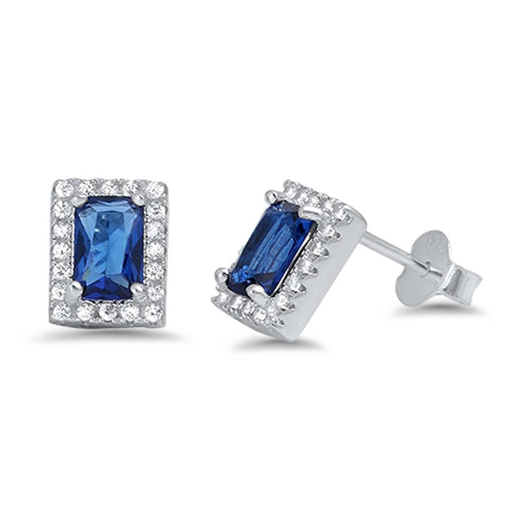 Sterling Silver Blue Sapphire Rectangle Shaped CZ EarringsAnd Face Height 8 mm