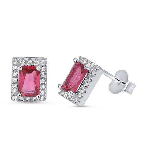 Sterling Silver Ruby Rectangle Shaped CZ EarringsAnd Face Height 8 mm