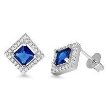 Load image into Gallery viewer, Sterling Silver Blue Sapphire Diamond Cut Shaped CZ EarringsAnd Face Height 11 mm