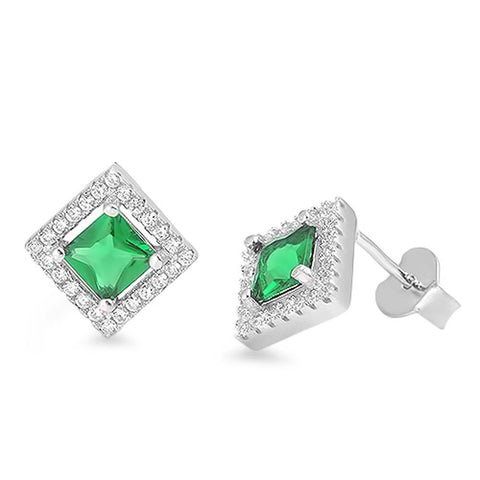 Sterling Silver Emerald Diamond Cut  Shaped CZ EarringsAnd Face Height 11 mm