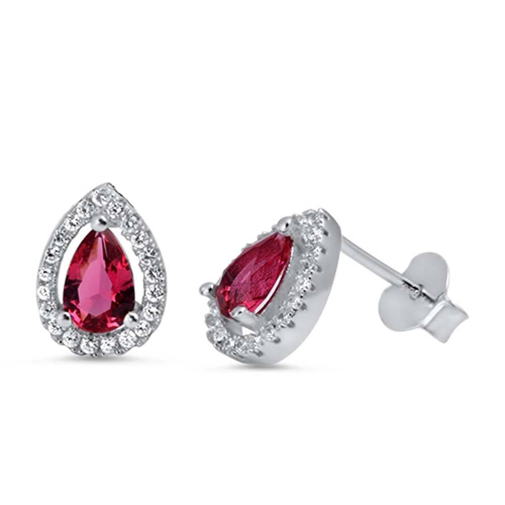 Sterling Silver Ruby Pear Shaped CZ EarringsAnd Face Height 10 mm