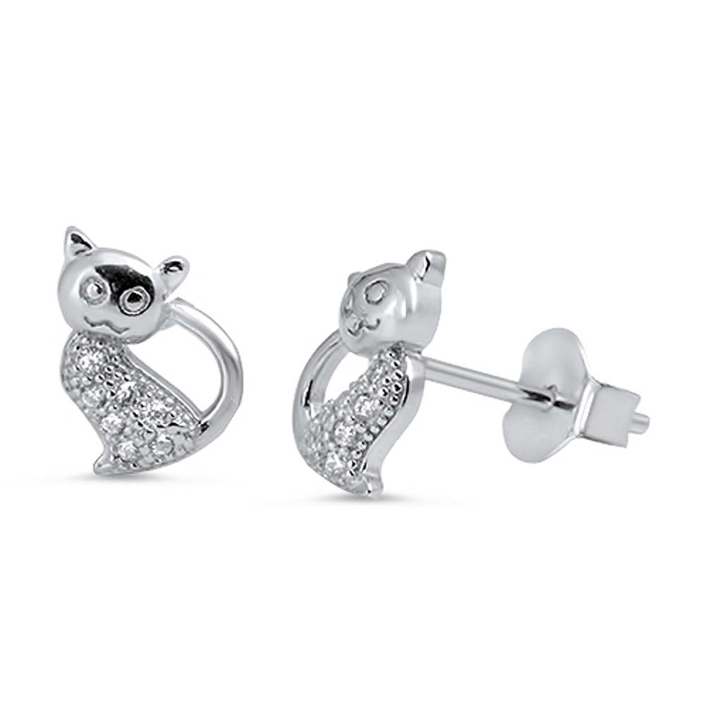 Sterling Silver Cat Shaped CZ EarringsAnd Face Height 9 mm