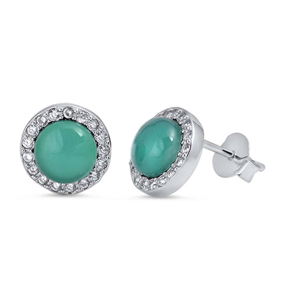 Sterling Silver Green Agate Round Shaped CZ EarringsAnd Face Height 9 mm
