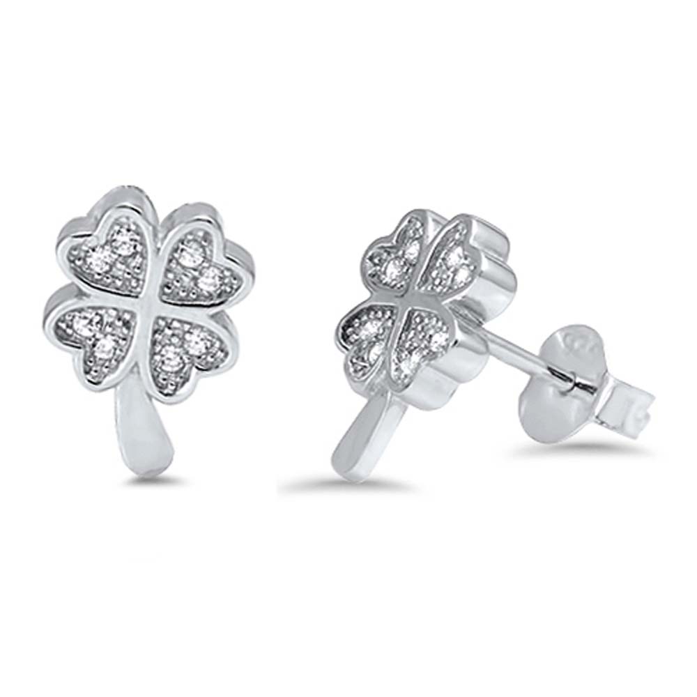 Sterling Silver Clover Leaf Shaped CZ EarringsAnd Face Height 10 mm