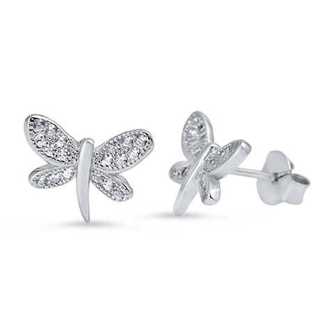 Sterling Silver Dragonfly Shaped CZ EarringsAnd Face Height 9 mm