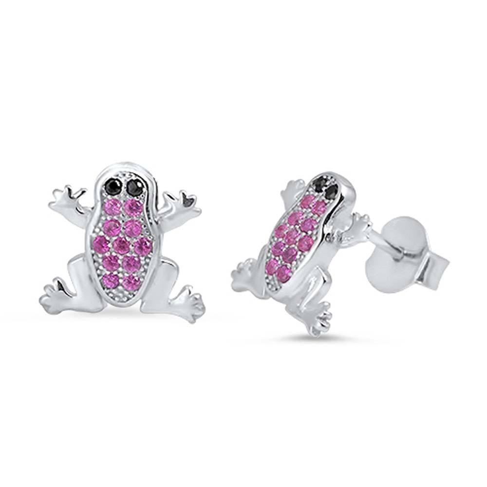 Sterling Silver Frog Shape With RubyAnd Black CZ EarringsAnd Face Height 9 mm