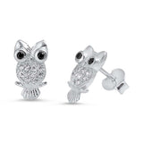 Sterling Silver Owl Shape With Black And CZ EarringsAnd Face Height 11 mm