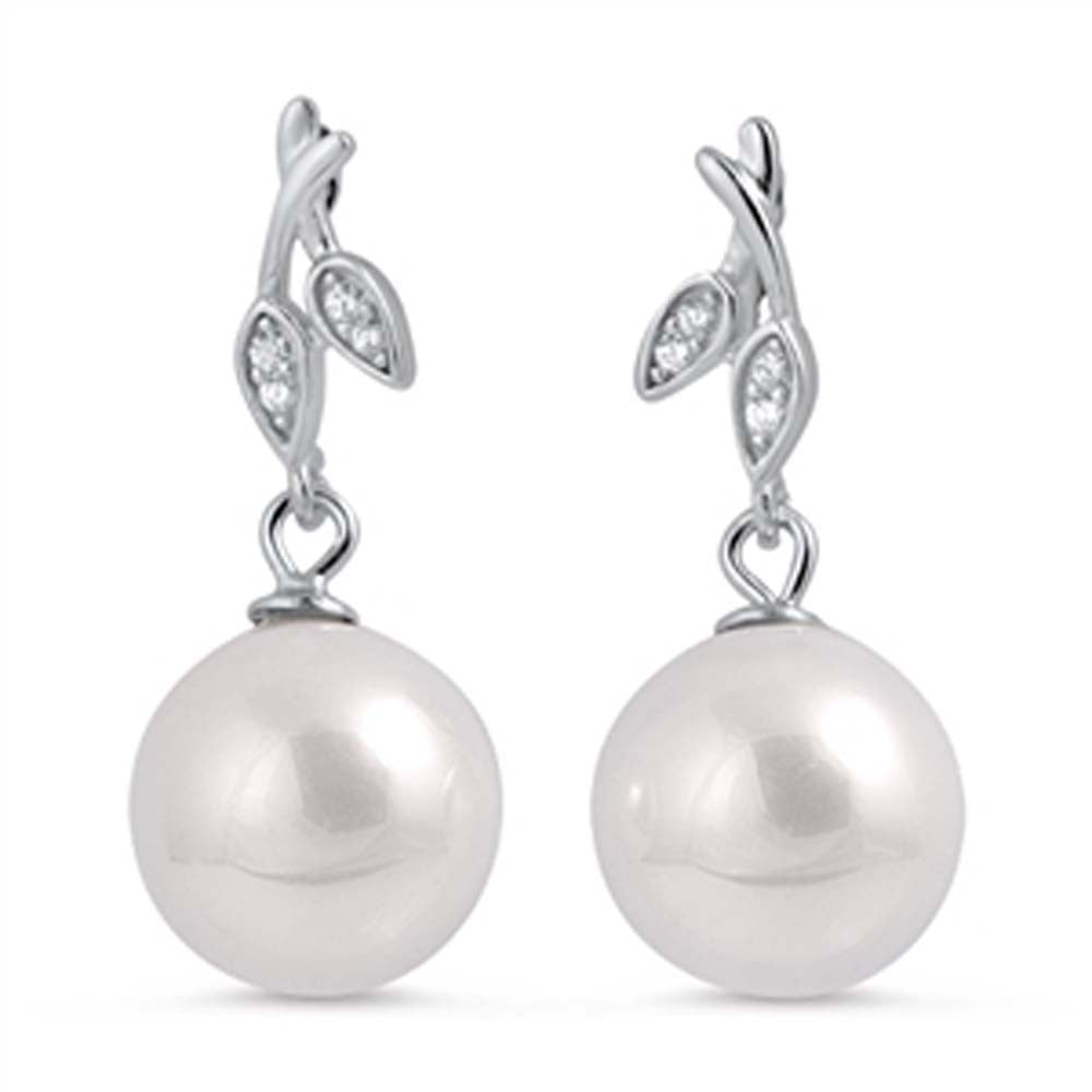 Sterling Silver Stylish Clear Cz Leaf Shape Simulated Pearl Earrings with Earring Face Height of 10MM