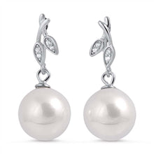 Load image into Gallery viewer, Sterling Silver Stylish Clear Cz Leaf Shape Simulated Pearl Earrings with Earring Face Height of 10MM