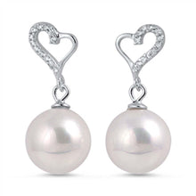 Load image into Gallery viewer, Sterling Silver Fancy Clear Cz Heart Simulated Pearl Earrings with Earring Face Height of 9MM
