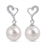 Sterling Silver Fancy Clear Cz Heart Simulated Pearl Earrings with Earring Face Height of 9MM