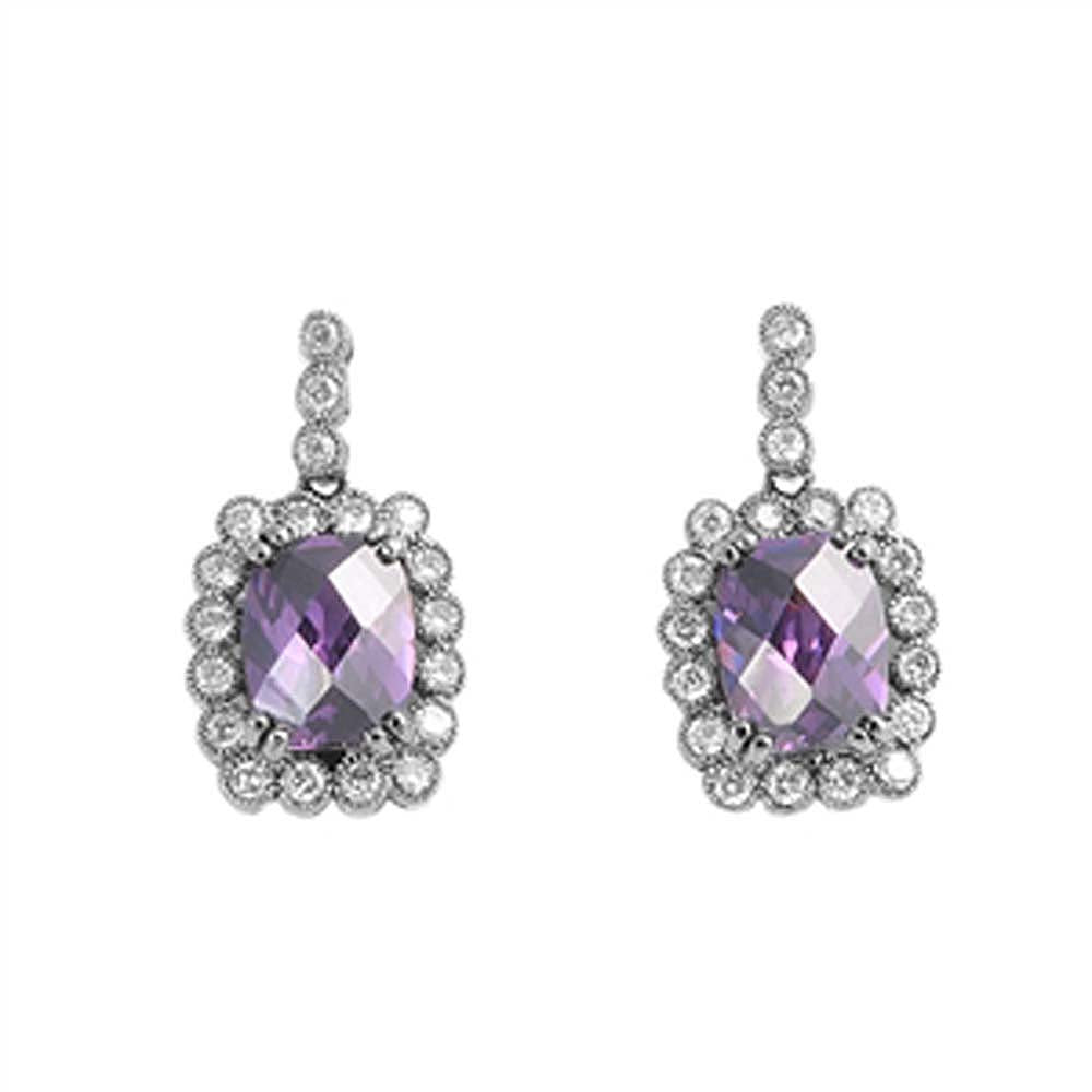 Sterling Silver Syntactic Amethyst Rhombus  Shaped CZ EarringsAnd Face Height 23 mm