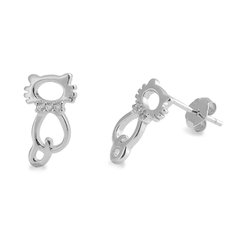 Sterling Silver Cat Shaped CZ EarringsAnd Face Height 13 mm