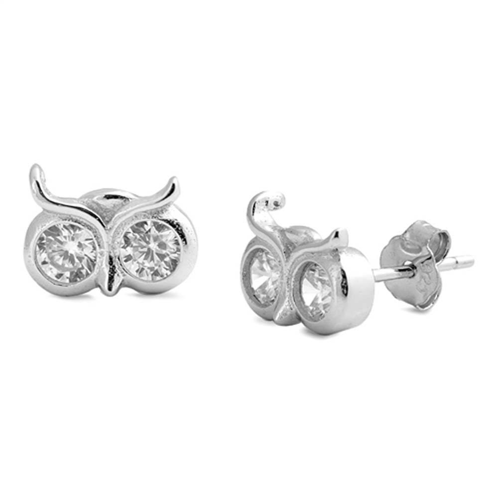Sterling Silver Owl Shaped CZ EarringsAnd Face Height 8 mm