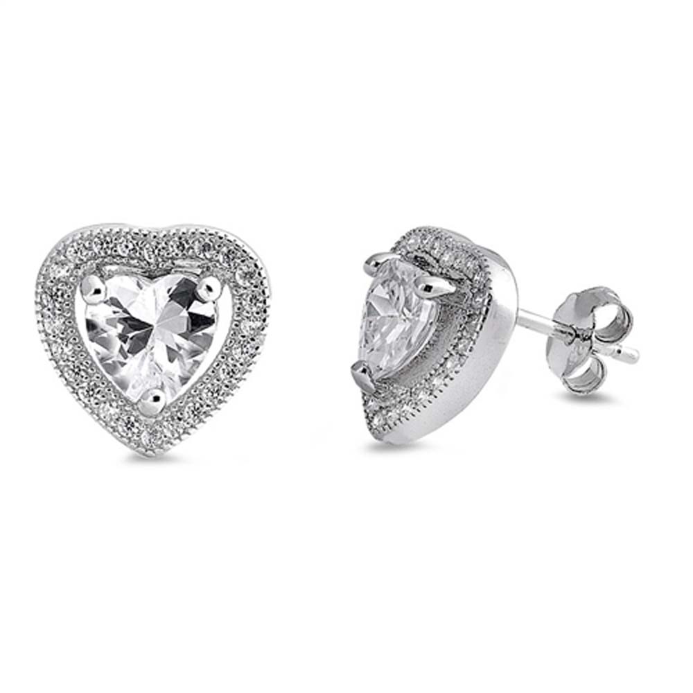 Sterling Silver Heart Shaped CZ EarringsAnd Face Height 11 mm