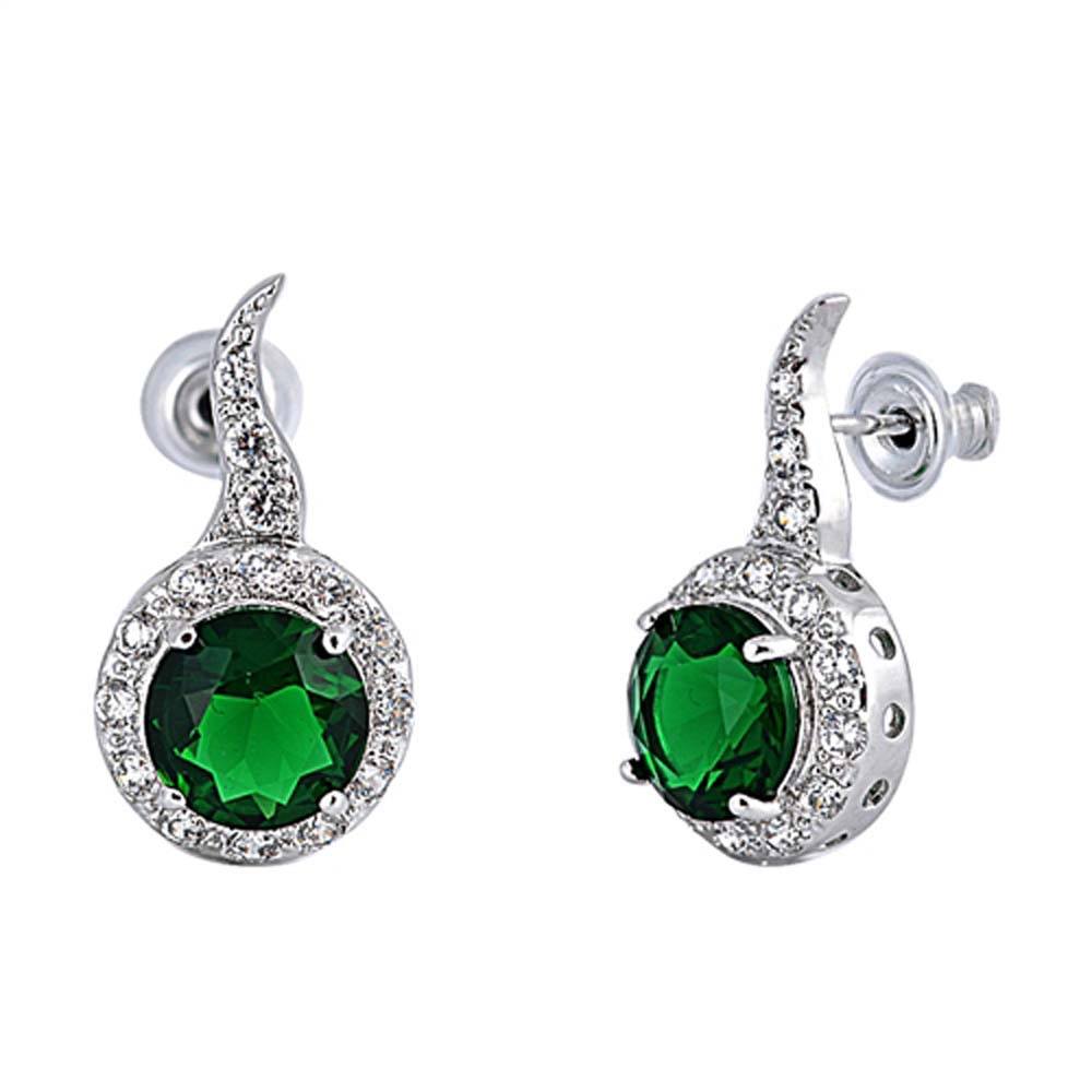Sterling Silver Emerald Round Shaped CZ EarringsAnd Face Height 11mm