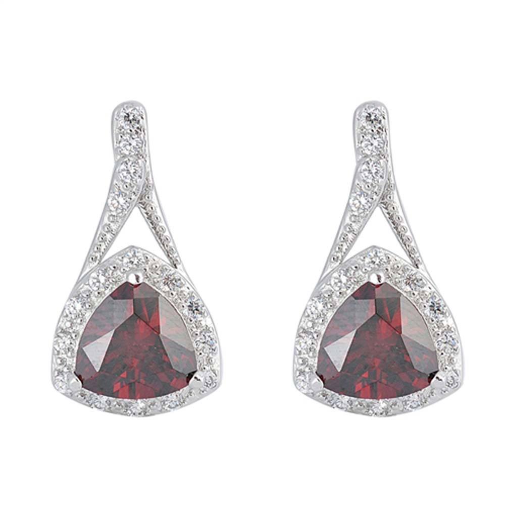 Sterling Silver Garnet Color Trillion Shaped CZ EarringsAnd Face Height 11 mm