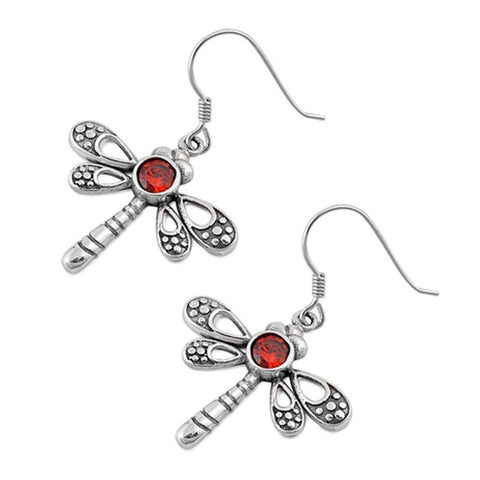 Sterling Silver Dragonfly Shaped CZ Earrings With Garnet StoneAnd Face Height 22 mm