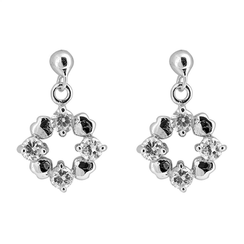 Sterling Silver Heart And Round Flower Shaped CZ EarringsAnd Face Height 12 mm