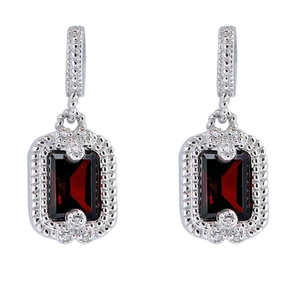 Sterling Silver Garnet And Clear Cylinder Shaped CZ EarringsAnd Face Height 12 mm
