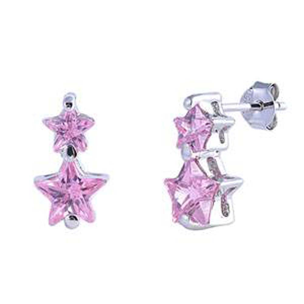 Sterling Silver Pink Star Shaped CZ EarringsAnd Face Height 13 mm